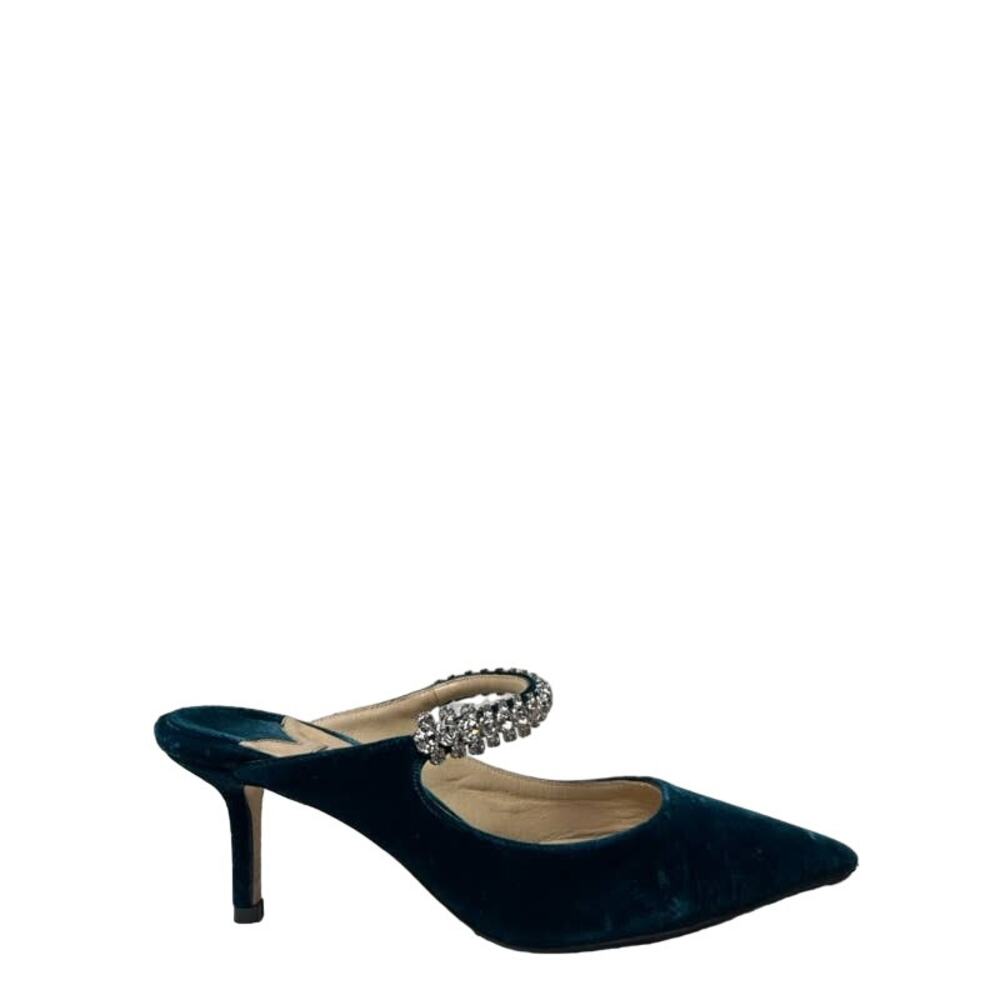 JIMMY CHOO Blue Velvet Crystal Strap Bling Pointed Toe Mules Heels 37.5 US 7.5